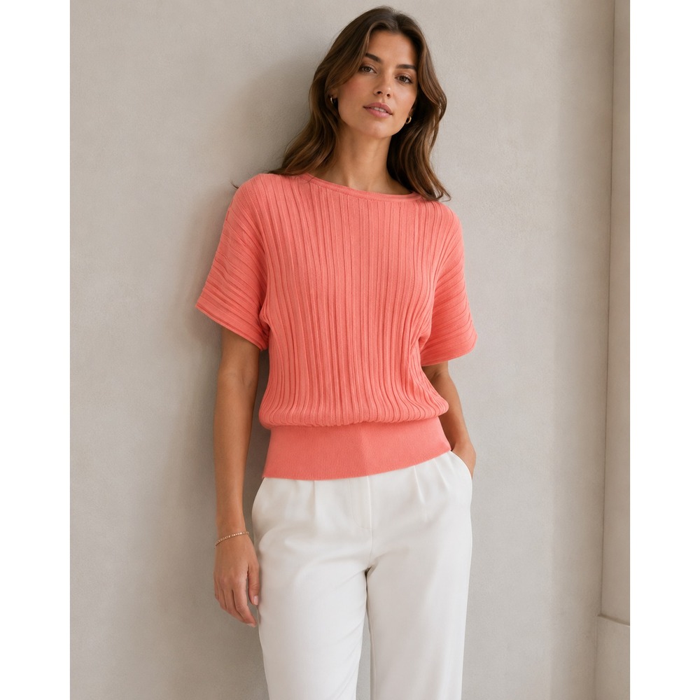 Ann Taylor Factory Knit Blouse Top Women Sz M Pink Cotton Blend Office Everyday